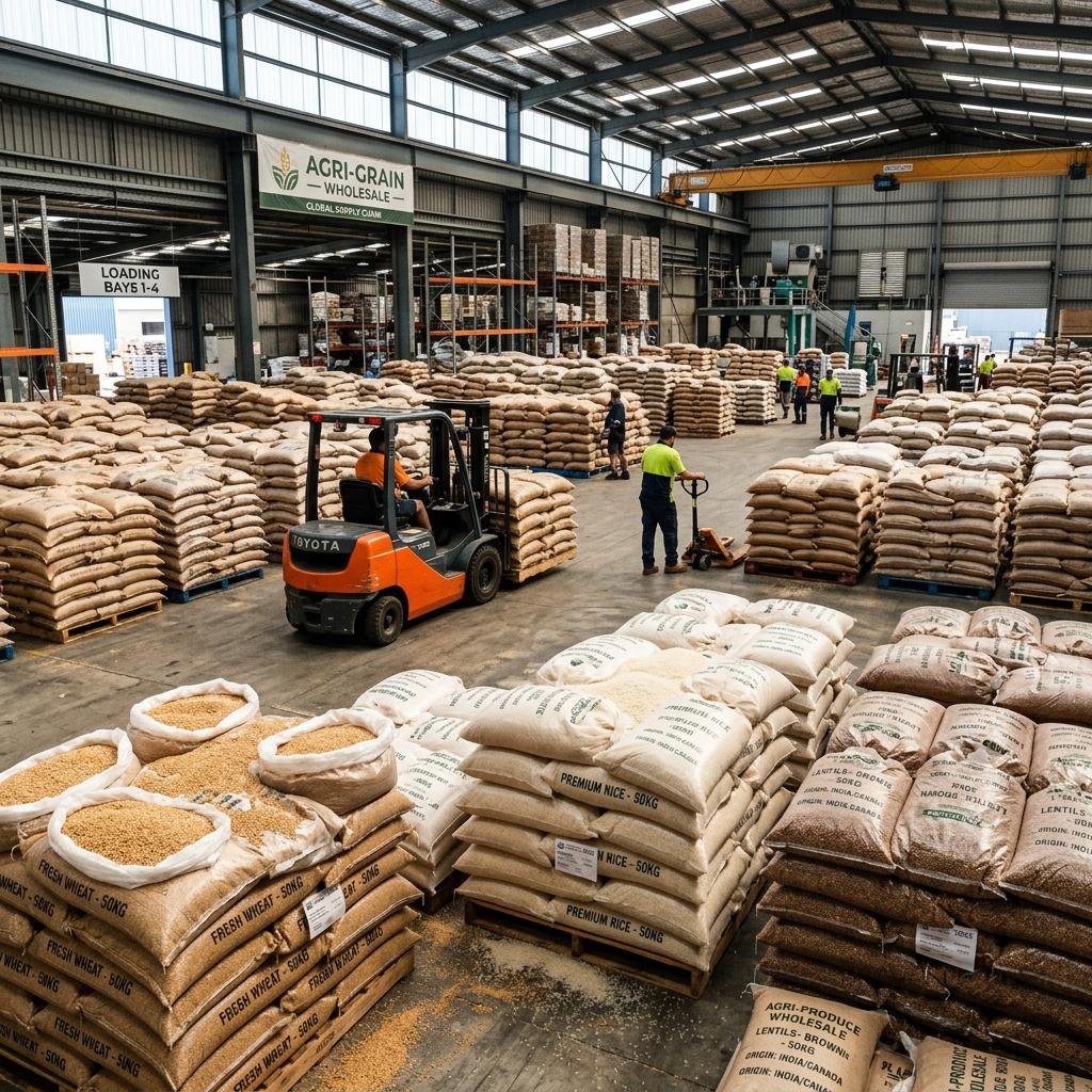 Jute sacks of grain stacked in a storage warehouse