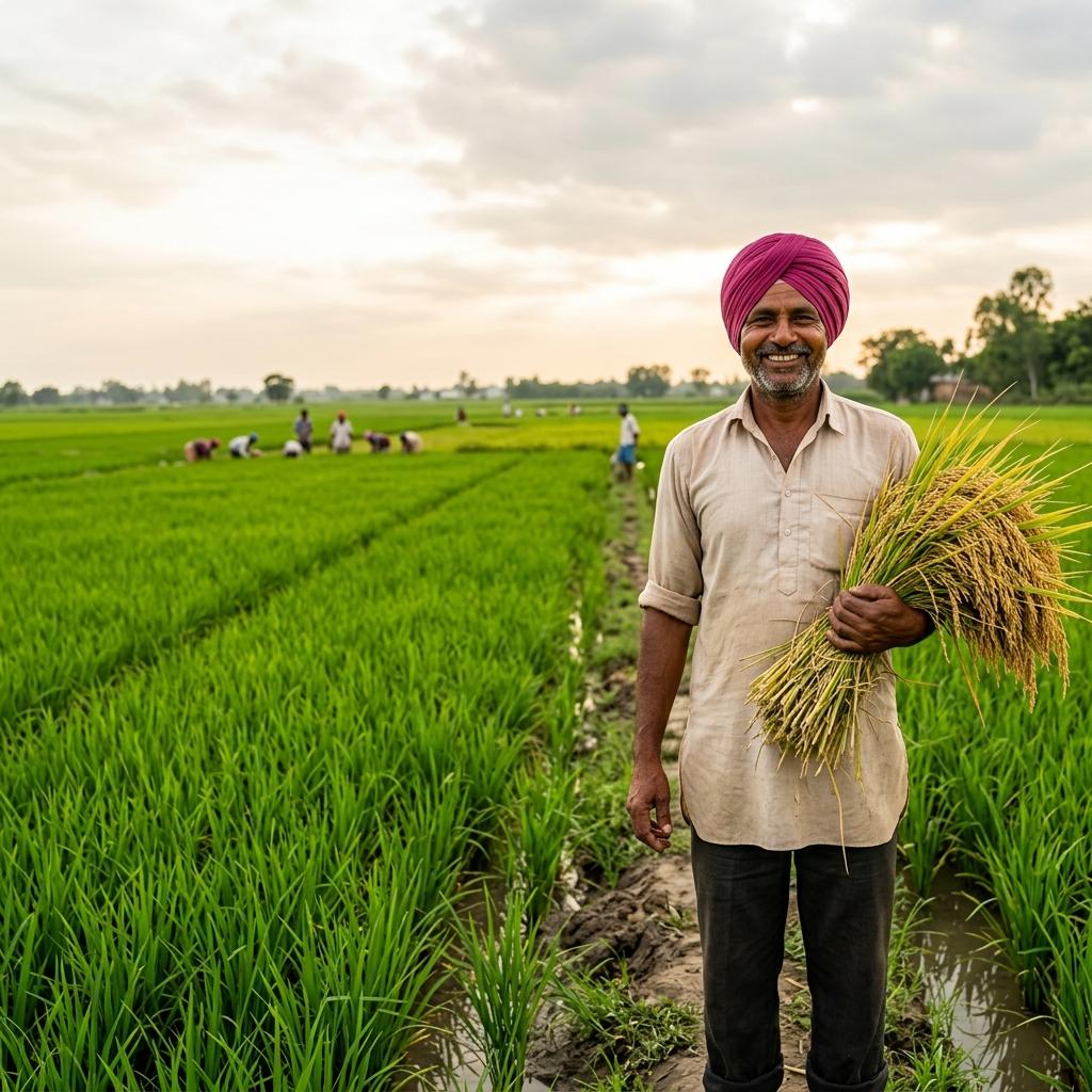 Smiling Indian farmer proudly holding freshly harvested paddy in lush green fields